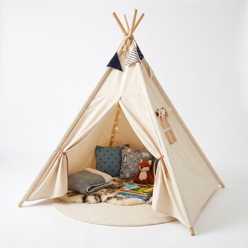 Kids teepee reading tent with open entrance, three-quarter angle on white background