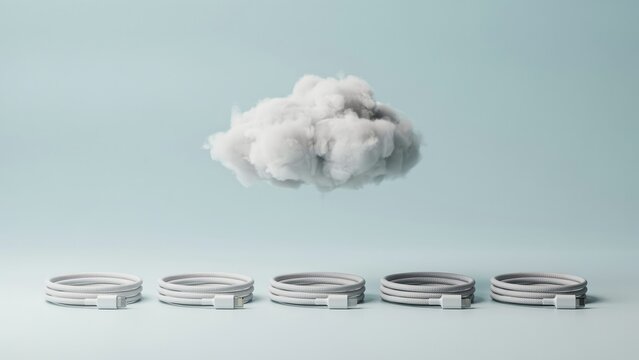 A fluffy cloud floating above neatly coiled white charging cables on a light blue background. This conceptual image represents cloud computing and data storage technology.
