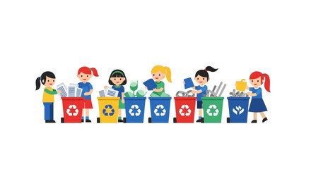 Fototapeta premium Children Sorting Waste into Colorful Recycling Bins Vector Illustration for Environmental Education and Sustainability
