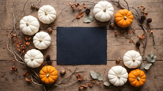 Minimalist autumn flat lay with white and orange mini pumpkins and blank dark paper card for copy space