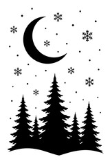 Fototapeta premium Black silhouette of pine trees with crescent moon and snow isolated on white background