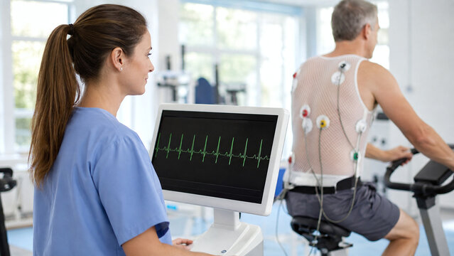 Nurse monitoring a patient during a cardiac stress test on stationary bike