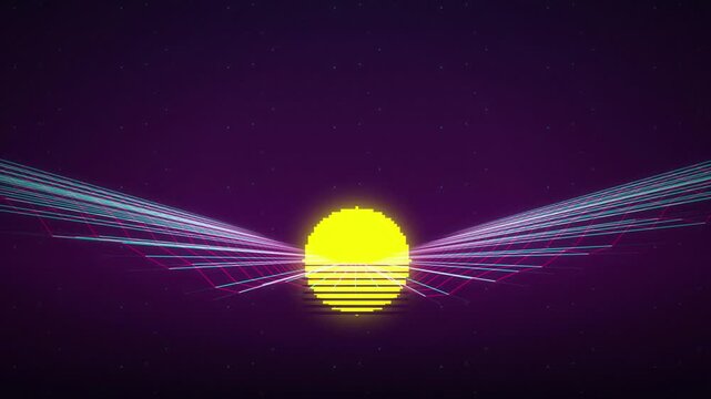 Synthwave wireframe grid flying seamless loop motion background