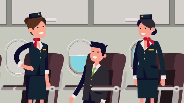 2D Animated Air Hostess Flight Attendants Standing in Airplane Cabin with Passenger Flat Vector Character Animation Footage