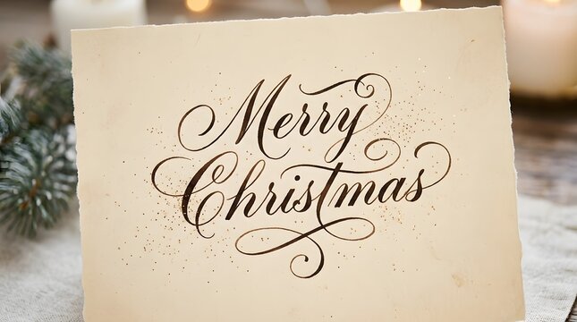 Vintage style merry christmas calligraphy on aged paper with blurred festive background