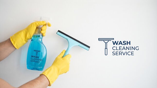 Cleaning Service Essentials: Hands wearing yellow gloves hold a spray bottle of blue cleaning liquid and a squeegee, ready for window washing, with a logo indicating a professional cleaning service.