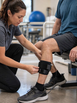 Therapist strapping an electrical stimulator to patient leg in rehab clinic