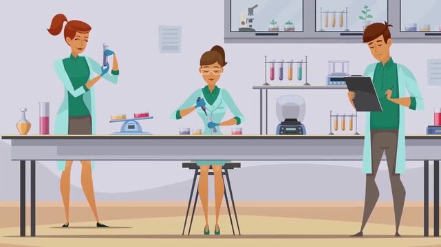 2D Animated Team of Scientists Conducting Experiments with Lab Equipment in Science Laboratory Flat Vector Character Animation Footage