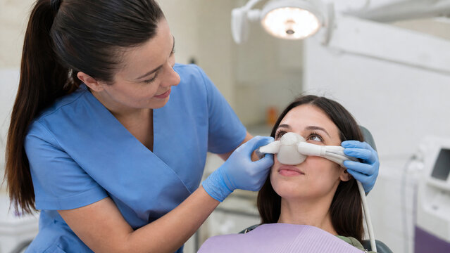 Dentist placing nitrous oxide nasal mask on female patient in dental clinic