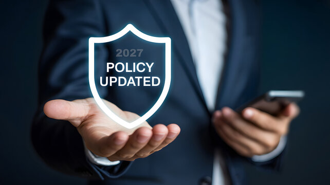 Policy updated and cybersecurity compliance concept. Businessman holding glowing shield icon with text inside. Digital security system update and regulatory framework for corporate data management