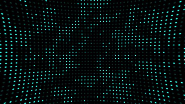 Random dots with flickering light animation on black background. Digital dots moving and forming a grid pattern. Halftone lighting ball dynamic random motion. Big data shining and fading softly.