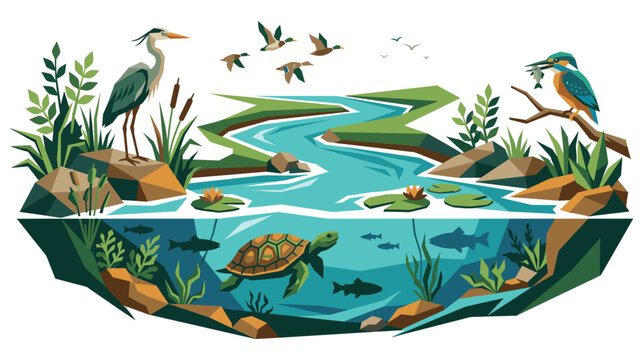 Geometric vector illustration of river ecosystem with turtle life.