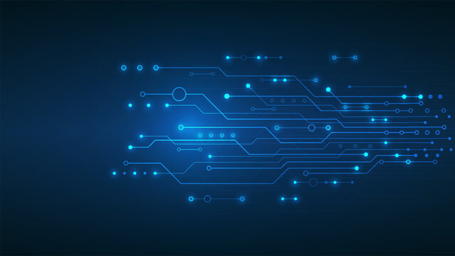 Abstract blue circuit board background with glowing digital nodes and connecting data lines for high tech network communication concepts