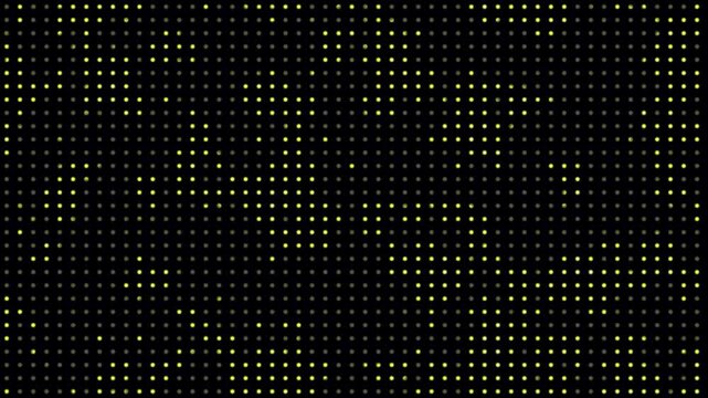 Random dots with flickering light animation on black background. Digital dots moving and forming a grid pattern. Halftone lighting ball dynamic random motion. Big data shining and fading softly.