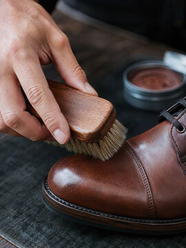 Shoemaker polishing and buffing brown leather dress shoe with wooden brush