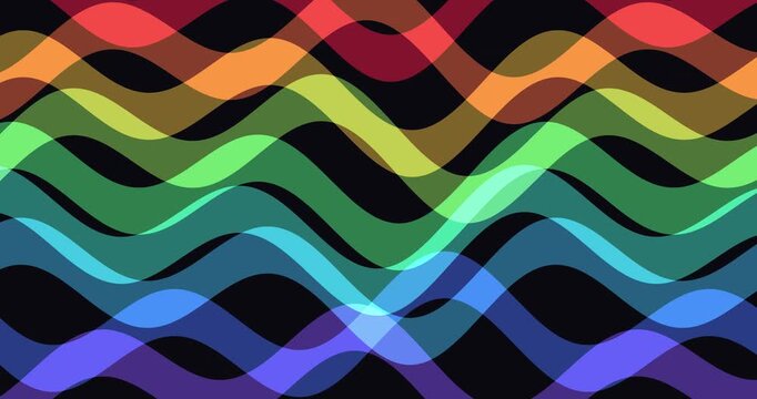 Colorful rainbow wavy bands flow across a dark abstract background pattern