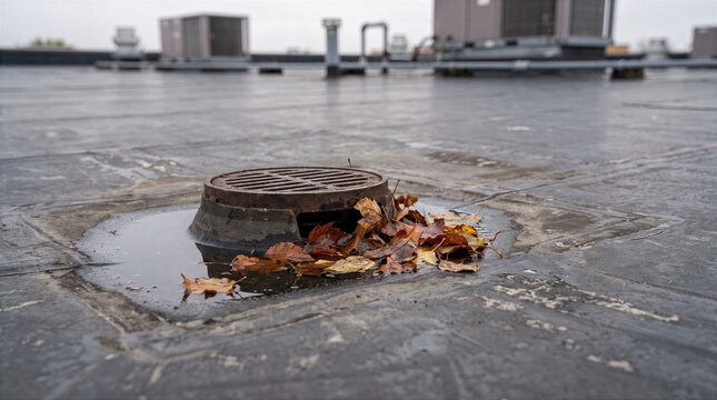 Leaves blocking drain on flat rooftop