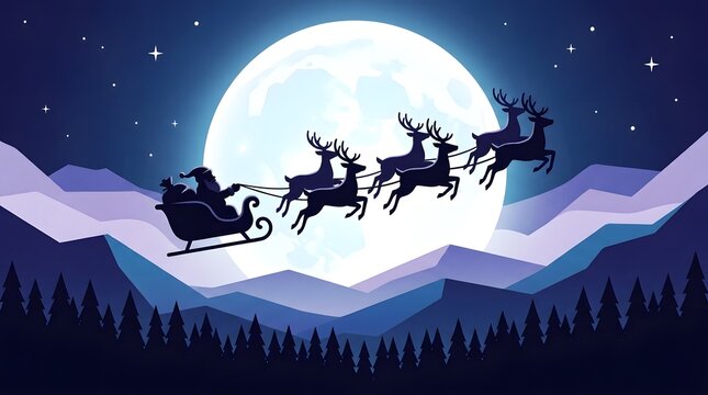 Silhouette of santa claus and reindeer flying across a bright full moon at night