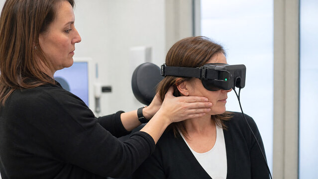 Doctor performing video head impulse test on patient with vestibular goggles