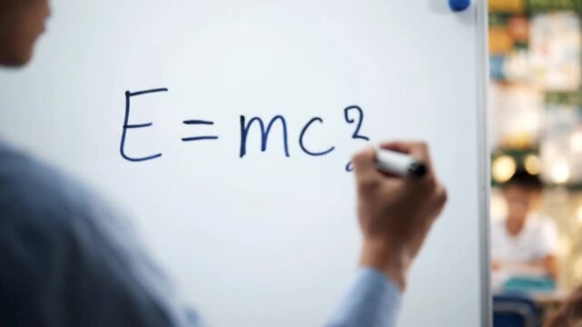 A student writing the mass-energy equivalence formula on a whiteboard in a classroom.