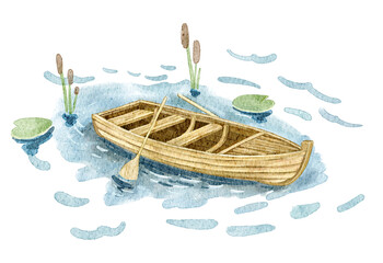 Watercolor illustration of a wooden rowboat floating among blue water ripples and reeds, with natural wood details and oars, depicting a peaceful lakeside scene for outdoor themes. © Evgeniia