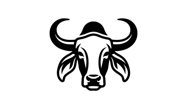 Gyr cattle head black and white vector logo with curved horns and drooping ears, minimalist bull mascot icon for farm and dairy brands