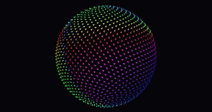 Colorful neon arrow triangles arranged on a rotating three dimensional sphere