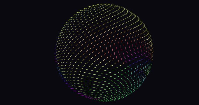Colorful glowing short line segments arranged on a rotating dark sphere