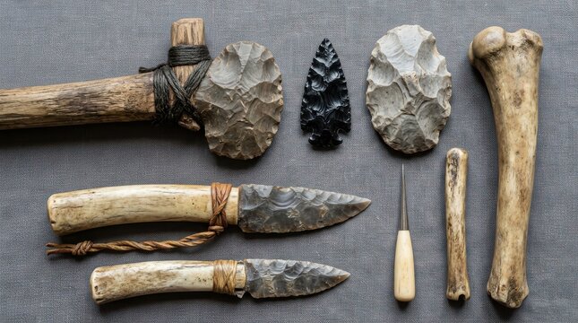Collection of Prehistoric Stone Age Tools and Artifacts Including Flint Knives, Stone Axe, and Obsidian Arrowhead
