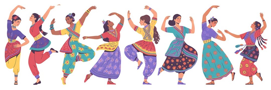 Flat Vector Illustration of Diverse Indian Folk Dancers Performing in Traditional Attire