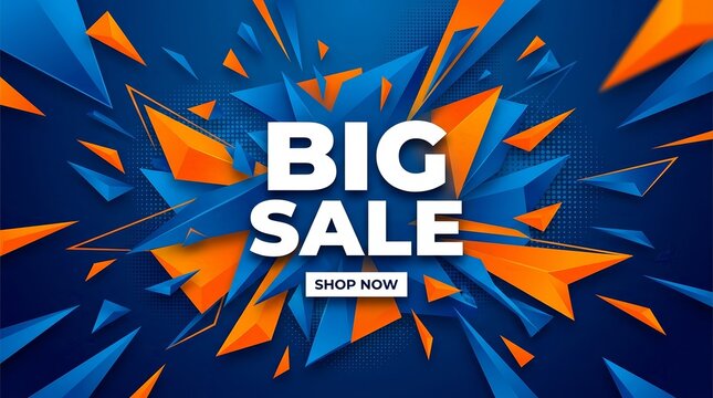 Powerful BIG SALE retail event background featuring an explosion of blue and orange geometric shapes.