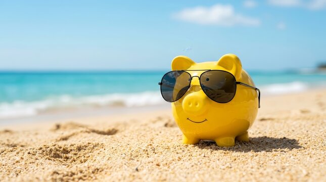 Yellow piggy bank with sunglasses on the sand symbolizing vacation savings and financial freedom.