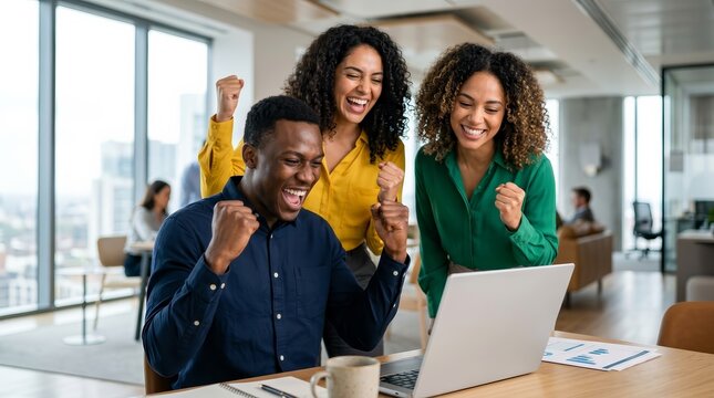 A diverse group of coworkers showing positive collaboration and achievement in a bright workspace.