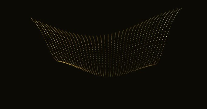 Golden glowing particle wave mesh flowing on dark abstract background