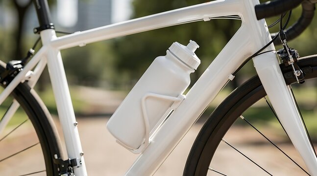 White sports water bottle on bicycle frame.