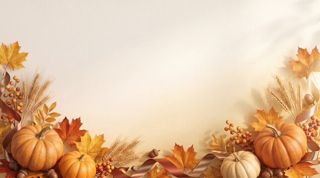 Autumn harvest arrangement of pumpkins gourds and fall leaves on a light neutral background