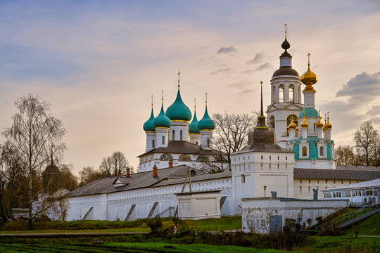 Tolga Orthodox Monastery domes in the sunset light, Yaroslavl region of Russia