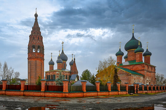 Cloudy summer day at the old temple complex in Korovniki in Yaroslavl, Yaroslavl region of Russia