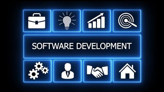 Abstract HUD Software Development Interface Animation featuring Coding and App Architecture