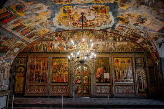 Gloomy hall of the Church of St. Elijah with painted frescoes in Yaroslavl, Yaroslavl region of Russia