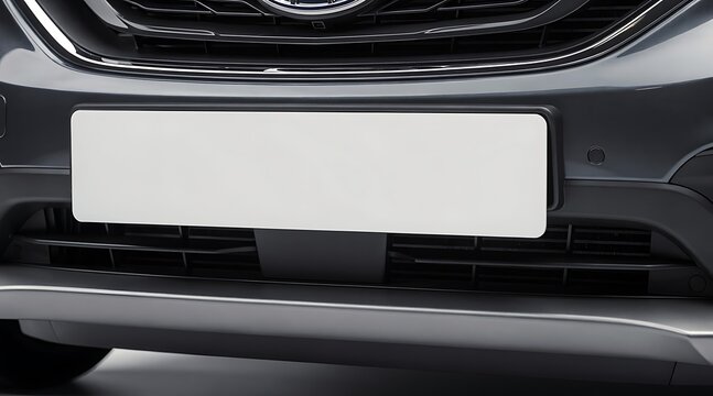 Blank white license plate on dark vehicle.