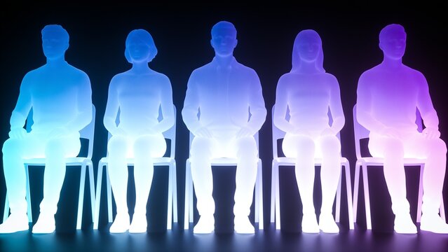 Futuristic glowing silhouettes of five people standing in unity with vibrant light effects