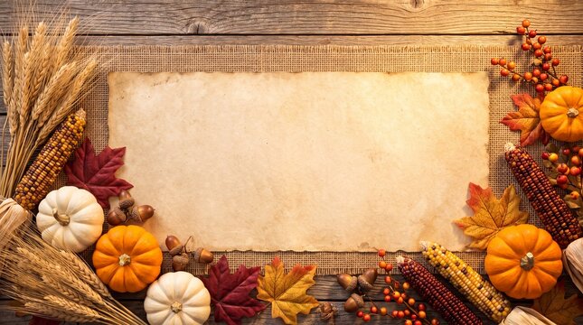 Autumn harvest border with pumpkins wheat and plaid for seasonal greetings or fall celebrations