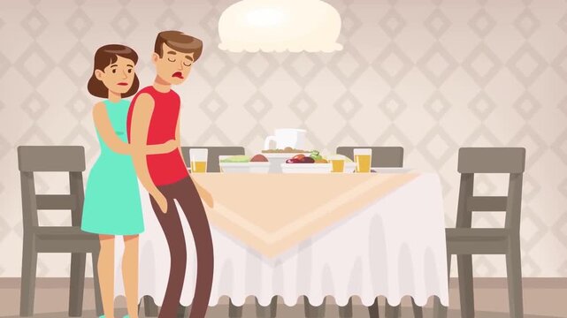 2D Animated Romantic Couple Hugging and Standing beside Dining Table Interior Flat Vector Character Animation Footage