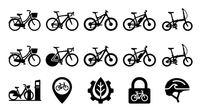 Comprehensive set of bicycle and cycling icons featuring mountain bikes and urban transport bicycle icon mountain bike