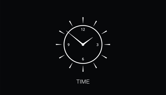 Analog clock face with white pointers and tick marks over a solid black background with the word time underneath.