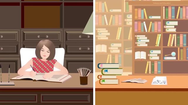 2D Animated Split Screen showing Woman Studying at Desk and Library Bookshelf Flat Vector Character Animation Footage
