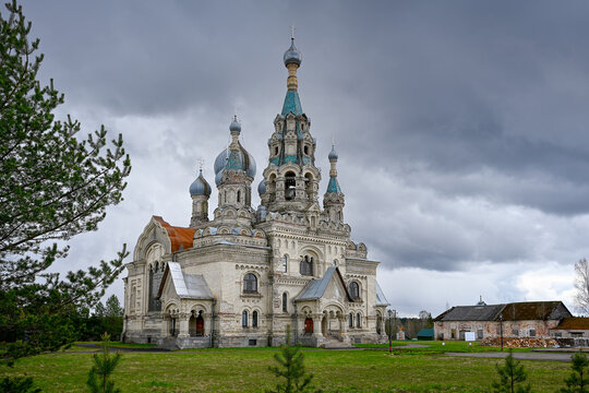 Cloudy day at the Spassky Cathedral in the village of Kukoboy, Yaroslavl region of Russia