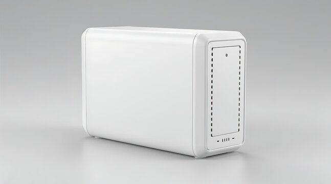 White external hard drive on reflective surface.