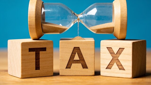 Wooden block letters spelling TAX with hourglass symbolizing time and deadlines